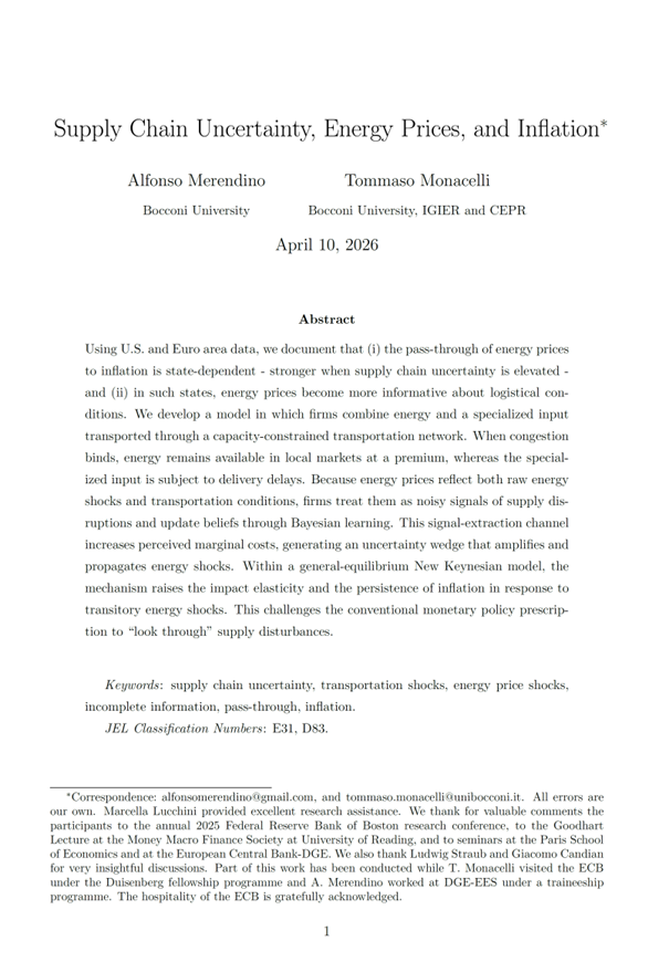 int_mon_econ's tweet photo. Highly relevant! Great to see an updated version of this paper:

"Supply Chain Uncertainty, Energy Prices, and Inflation" by Alfonso Merendino and Tommaso Monacelli.

"This paper develops a theory of inflation amplification of supply shocks grounded in firms’ uncertainty about their supply chains. We argue that the complementarity between energy price disturbances and supply chain uncertainty is a structural feature of modern production structures built on highly interconnected supply chains, increasingly exposed to disruptions whether for economic or geopolitical reasons. ...Embedding this mechanism in a canonical New Keynesian model, we show that supply chain uncertainty generates an endogenous uncertainty wedge in the Phillips Curve, activated by volatility in transportation conditions. In general equilibrium, it is the volatility of supply shocks - not just their level - that becomes a key determinant of inflation dynamics, amplifying both the impact and persistence of inflation in response to energy shocks. These findings carry important policy implications. When supply chain uncertainty is elevated, transitory energy shocks can mimic persistent inflationary pressures, suggesting that optimal monetary policy should be state-contingent -calibrated to the prevailing degree of volatility in supply conditions."

https://t.co/vyBJfcCHp6
