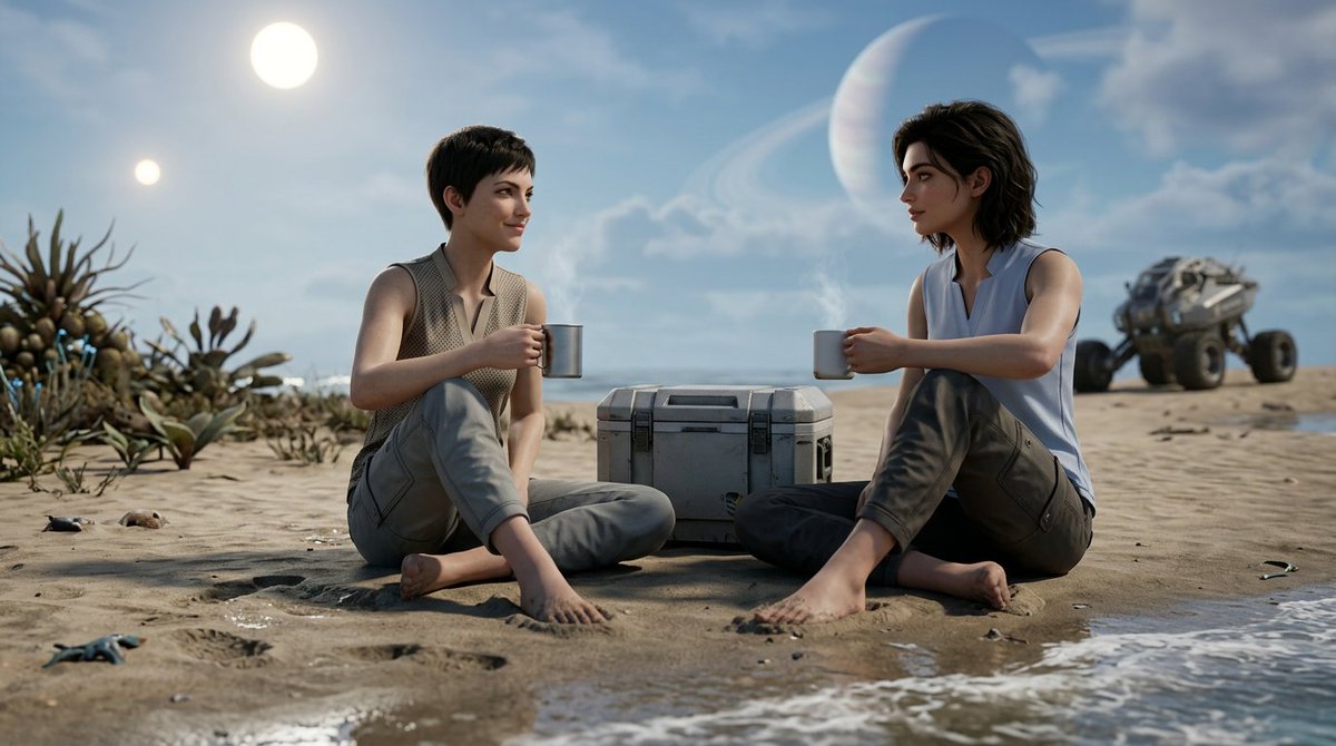 CMDR_FOSDYKE's tweet image. At the edge of the galaxy, far from missions and noise,
two commanders take a breath…
coffee, sand beneath their feet, and an ocean that doesn’t belong to Earth. in @EliteDangerous 

#ConceptArt #Atmosphericworlds