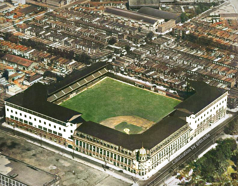 BSmile's tweet image. Amazing aerial view of Shibe Park and the surrounding #Philadelphia neighborhood c.1929! Home of the #Athletics (1909-1954) and #Phillies (1938-1970) Color by BSmile #MLB #Baseball #Ballpark #History