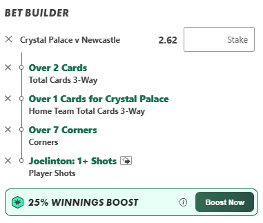 TizaOfficial's tweet photo. Using the 2pm Boost on Bet365. Both of these teams average over 4 cards per game this season and the reverse fixture saw 4 cards, 3 given to Palace. Both average over 9 corners per game this season and with Joelinton he loves a shot recently, 70% of games he's had a pop https://t.co/Wcg7Unv7QO