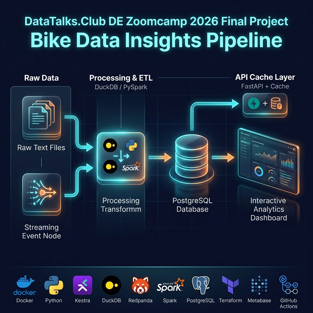 MaheshwarLigade's tweet photo. π Just finished my #DEZoomcamp 2026 capstone: London Bike Data Insights! π΄ββοΈ
Built a full Lambda Architecture: β
Batch: #DuckDB + #Kestra β
Streaming: #PySpark + #Redpanda β
Warehouse: Partitioned #PostgreSQL β
Semantic Layer: #Cubejs β
Viz: #Metabase ποΈ IaC via #Terraform https://t.co/wLbDaqdaJj
