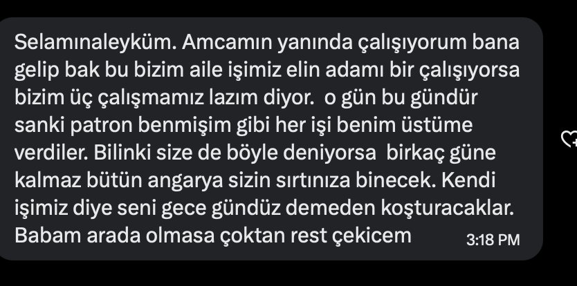 PATRONZIRVALARI's tweet photo. Akbabası ay pardon, Akrabasının altında çalışan bir arkadaşımız 👇

#iş #akraba #para #patron #hayat #zor https://t.co/4sOQYGH6by