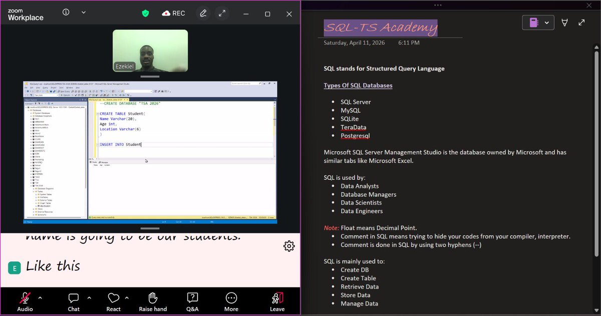 dicta_andy's tweet photo. Yesterday’s Class was something. I need to take my time in learning SQL. It’s quite difficult. Oh! I got to be a moderator in class 😊 Thank you for the opportunity @ezekiel_aleke @TechSphereAcad 
#day56 #60DaysOfTech #LearningWithTS #justagirlwholikesdata💕 https://t.co/bZJvL5sDBc
