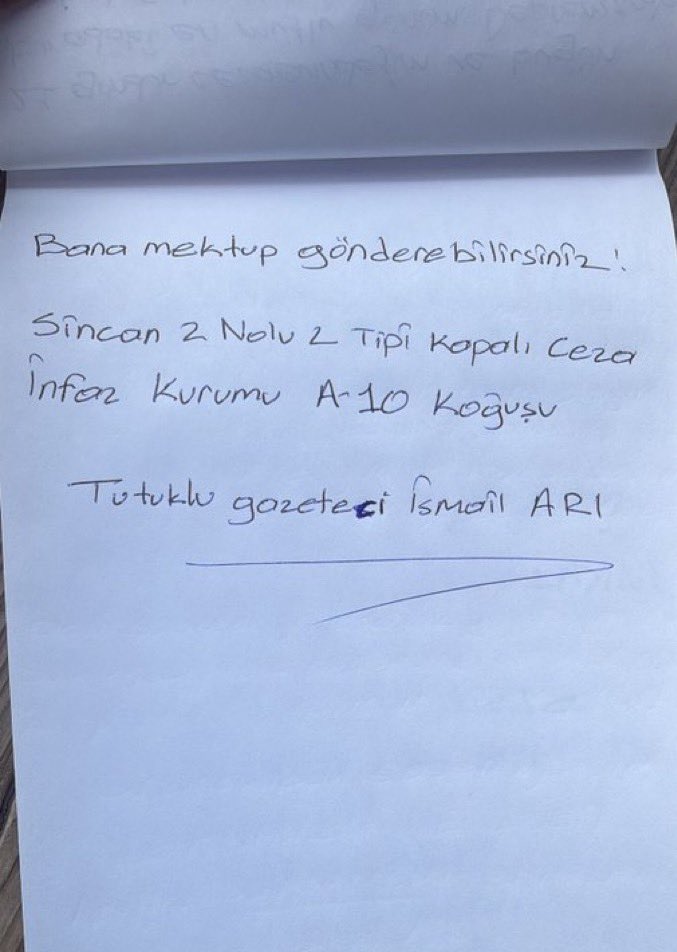 Bana mektup gönderebilirsiniz:

Sincan 2 Nolu L tipi Kapalı Ceza İnfaz Kurumu, A10 Koğuşu.

Tutuklu gazeteci İsmail Arı