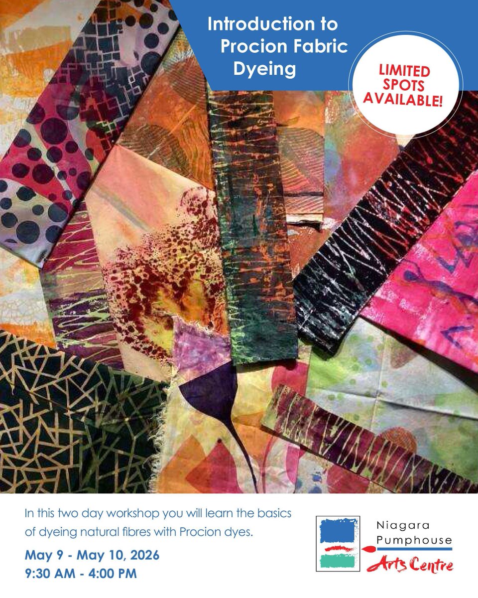 pumphouse_arts's tweet image. Add a splash of colour to your spring! 🌈

🗓️ May 9 - May 10 (Weekend Workshop)
⏰ 9:30 AM - 4:00 PM
🎨 Spaces are limited! 
✨ Register early to secure your spot! 

👉 Register now: buff.ly/LbH2oiX

#TextileArt #ProcionDye #NOTL #Art #NiagaraPumphouse