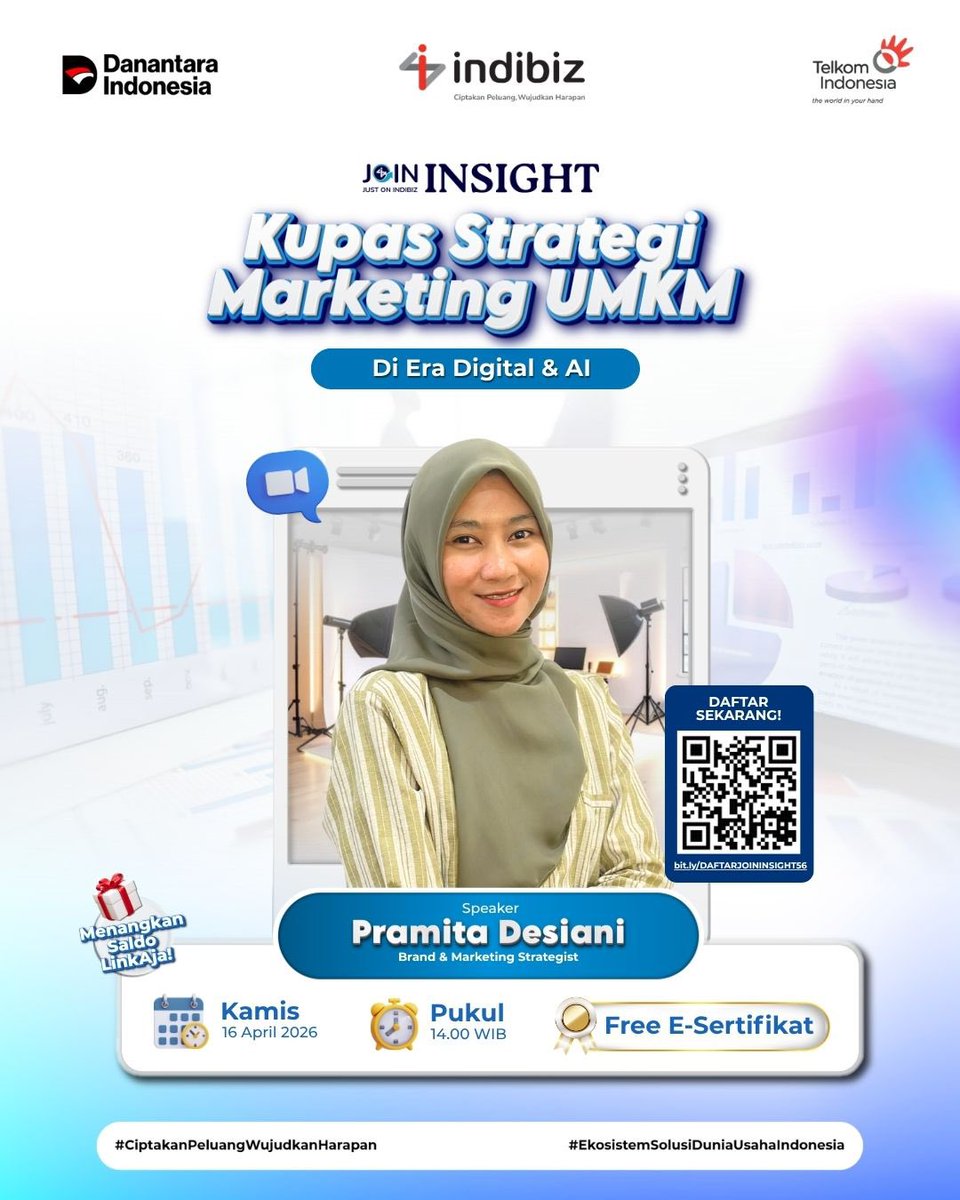 Indibiz_jtdiy's tweet image. 🚀 Kupas Strategi Marketing UMKM di Era Digital &amp;amp; AI!

🎤 Pramita Desiani
Brand &amp;amp; Marketing Strategist

📅 Kamis, 16 April 2026
⏰ 14.00 WIB
🎁 Free E-Sertifikat + kesempatan menang saldo LinkAja!

👉 Scan QR atau klik link bit.ly/DAFTARJOININSI…

#DigitalMarketing #indibizjtd
