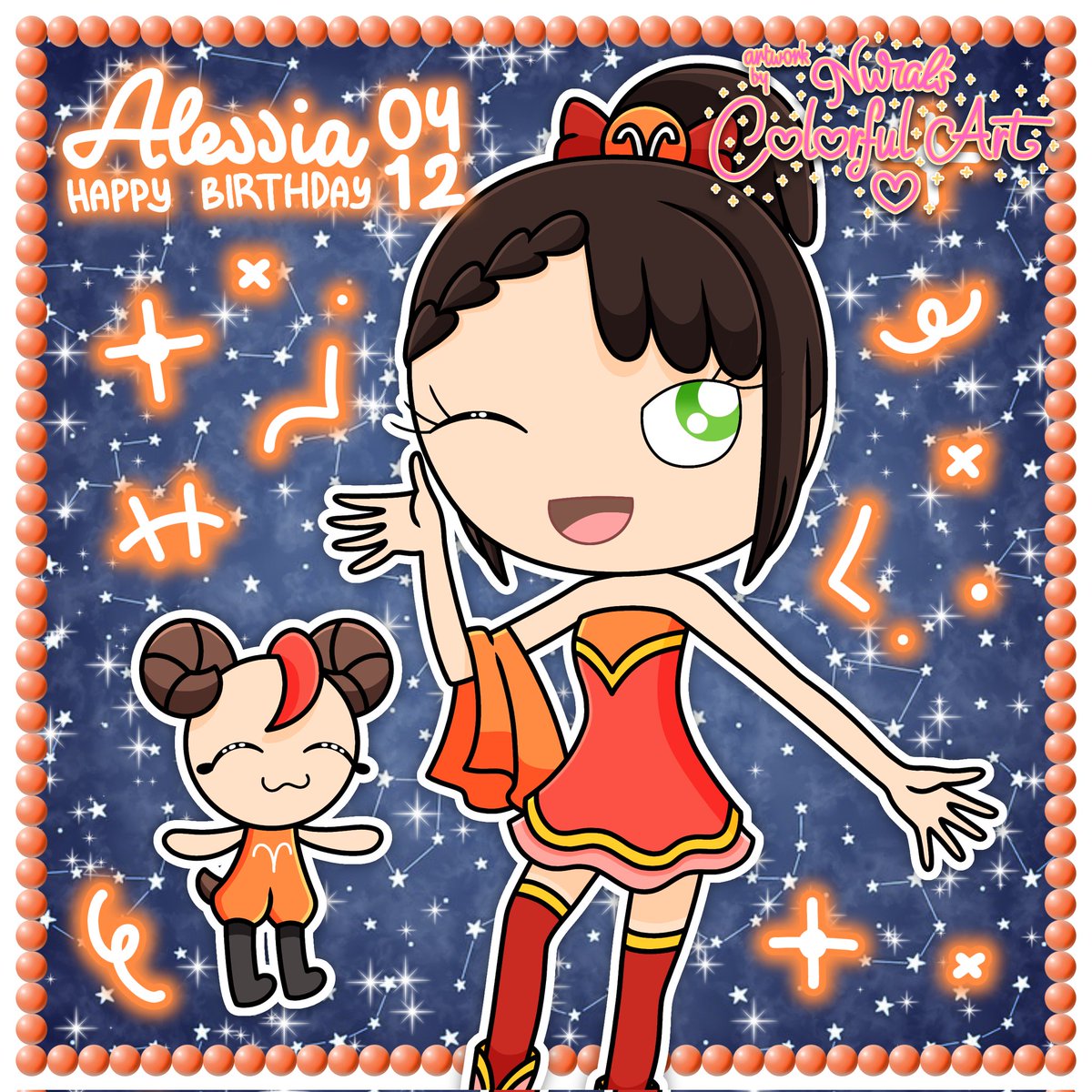 April 12 marks the birthday of Alessia Picnicca, so here's a drawing of her in an aries dress along with a new fairy OC Arieria.

This drawing is a part of DressUpStarSign on Instagram.

#character #oc #originalcharacter #art #fanart #digitalart #ibisPaintX #NuralsColorfulArt
