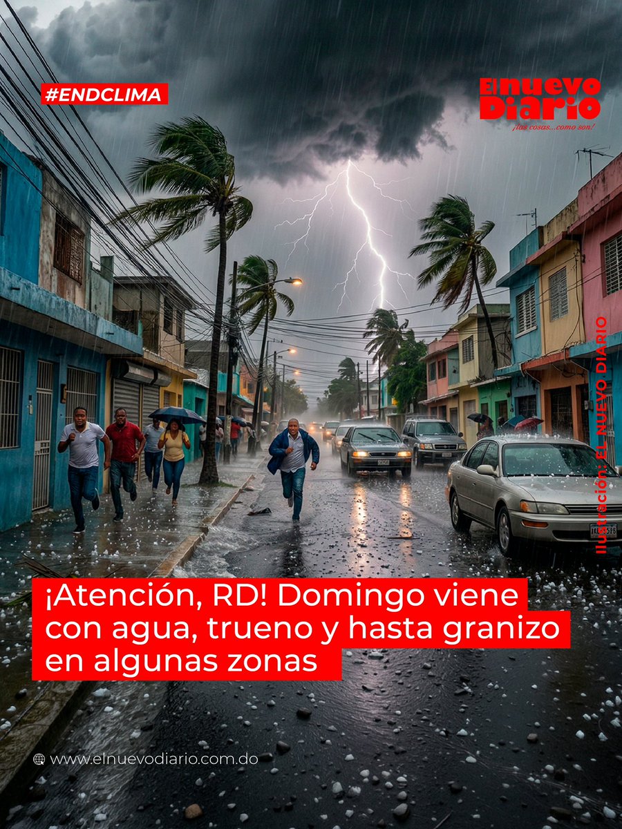 elnuevodiariord's tweet photo. 🌧️ El clima en la República Dominicana no va a dar tregua este domingo. Un sistema frontal se quedará prácticamente “enganchado” al norte del país, en aguas del Atlántico, mientras el viento del este/noreste seguirá empujando humedad como si no hubiera mañana.

🌪️ A eso súmale una vaguada activa en varios niveles de la atmósfera, y el resultado es claro: un ambiente inestable que promete un día pasado por agua.

🌦️ Desde temprano, se estarán registrando lluvias dispersas en el sureste, noreste y norte, pero no te confíes… porque en la tarde la cosa se pone seria.

⛈️ Se esperan aguaceros que pueden ir de moderados a fuertes, acompañados de tormentas eléctricas, ráfagas de viento y hasta posibles granizadas, especialmente en zonas de la Cordillera Central, el sureste y la frontera.

🌩️ En el Distrito Nacional, el panorama no pinta tranquilo: aguaceros moderados a fuertes, con truenos y ráfagas de viento que podrían sorprender en cualquier momento.

🌧️ En el Gran Santo Domingo, el cielo estará entre medio nublado y nublado, pero en la tarde se activan los aguaceros con fuerza, también con tormentas eléctricas y ráfagas aisladas.

#ElNuevoDiarioRD #ENDClima