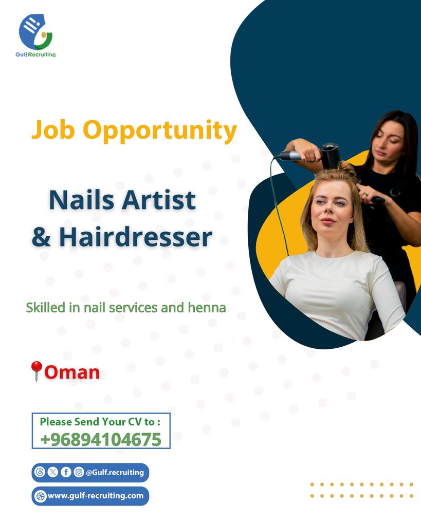 gulf_recruiting's tweet image. 💅 We’re Hiring – Nails Artist &amp;amp; Hairdresser
📍Muscat, Oman🇴🇲
• 1–2 years of experience
• Ability to work in hair styling and makeup
• Friendly and professional attitude
📞How to Apply:
Call /WhatsApp:
+968 9410 4675
#OmanJobs #MuscatJobs #SalonJobs #وظائف_عمان #gulfrecruiting