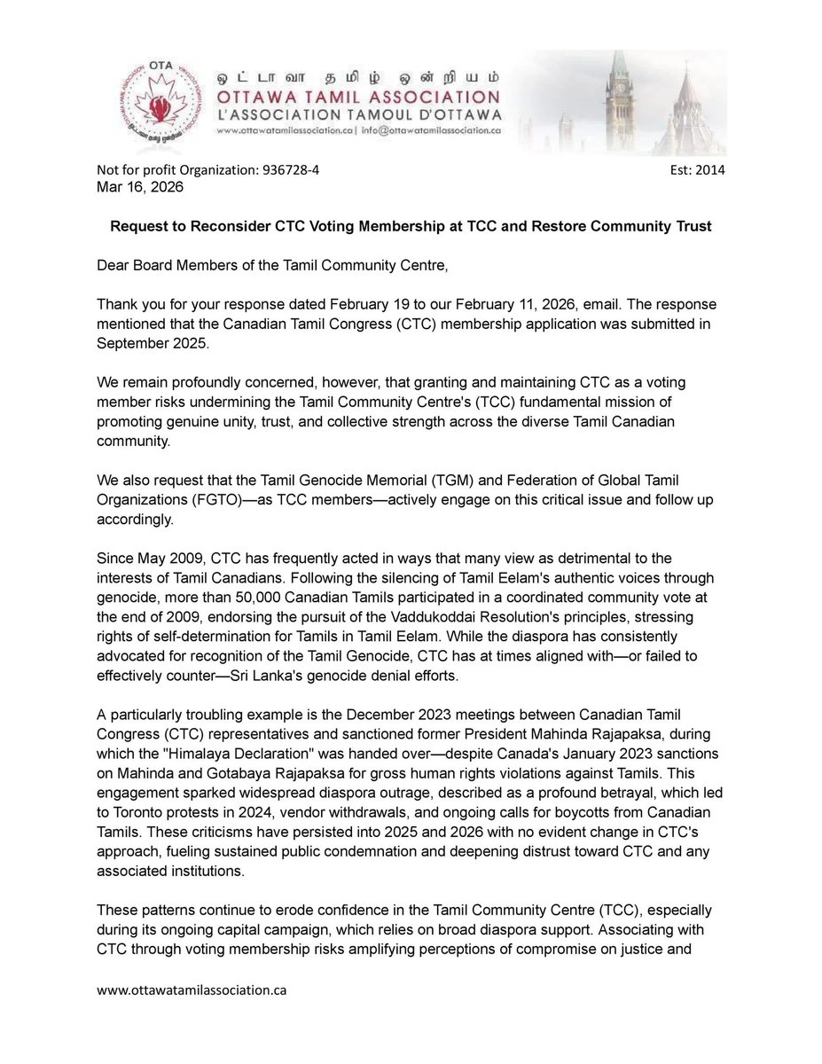 ottawa_tamil's tweet photo. TCC: Provide a stronger, more inclusive footing for the planned governance workshop to develop explicit safeguards and criteria aligned with core community values, including the Tamil Genocide Education Week Act.
https://t.co/c9wUqX3nPm https://t.co/gSw8TSCOrD