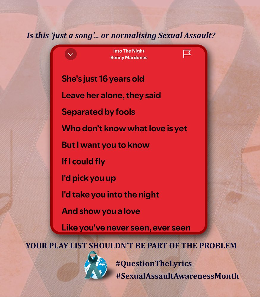 CatheyTweets's tweet photo. Day 12
#SexualAssaultAwarenessMonth
#QuestionTheLyrics https://t.co/m4wVp3Zlpx