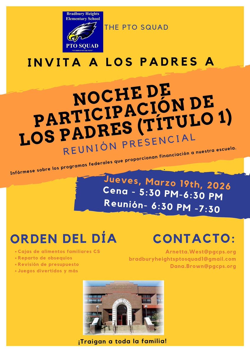 BradburyHeights's tweet image. Title 1 Parent Input Night, join us for FREE dinner, a budget presentation, give-a-ways, fun, community school food boxes and so much MORE! Contact Mrs. West arnetta.west@pgcps.org for more information.

#bradburyheights #BHES #BHESPTOSQUAD #BHESEagles