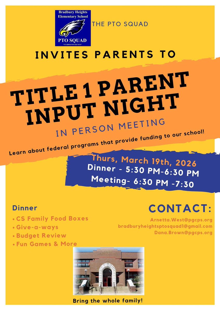 BradburyHeights's tweet image. Title 1 Parent Input Night, join us for FREE dinner, a budget presentation, give-a-ways, fun, community school food boxes and so much MORE! Contact Mrs. West arnetta.west@pgcps.org for more information.

#bradburyheights #BHES #BHESPTOSQUAD #BHESEagles