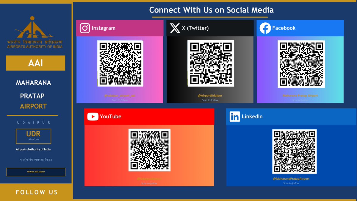 AirportUdaipur's tweet image. महाराणा प्रताप हवाई अड्डा, उदयपुर से जुड़ें और पाएं ताज़ा अपडेट, यात्री सुविधाएं और महत्वपूर्ण जानकारी! ✈️📲

हमारे सभी सोशल मीडिया प्लेटफॉर्म्स को फॉलो करने के लिए QR कोड स्कैन करें।

आपकी यात्रा को और भी आसान और बेहतर बनाना हमारी प्राथमिकता है।

#AAI #FollowUs #StayConnected