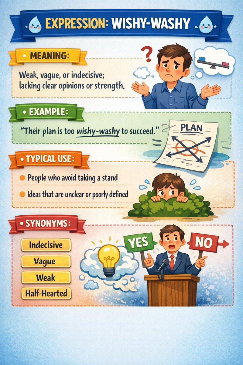 Herminio_EOI's tweet image. ✔️ Wishy-washy

》Used to describe someone or something that is weak, indecisive, or lacking clear opinions.

▪︎ Stop being so wishy-washy and make a decision!
▪︎ His argument sounded wishy-washy, he didn’t provide solid evidence.

#Learning #English #vocabulary #TEFL