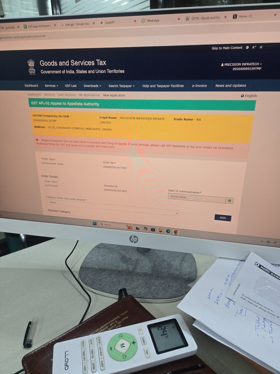 sandeepguru007's tweet photo. @Infosys_GSTN  bhai appeal file krne me dikkat aa rahi sidhe se bata do kitne din baad temp id me appeal file kre, payment despoite hone ke baad ap-fowv1008 eror hai @gstindia @nsitharamanoffc @askGST_GoI @PMOIndia https://t.co/0GJx7oZOUO