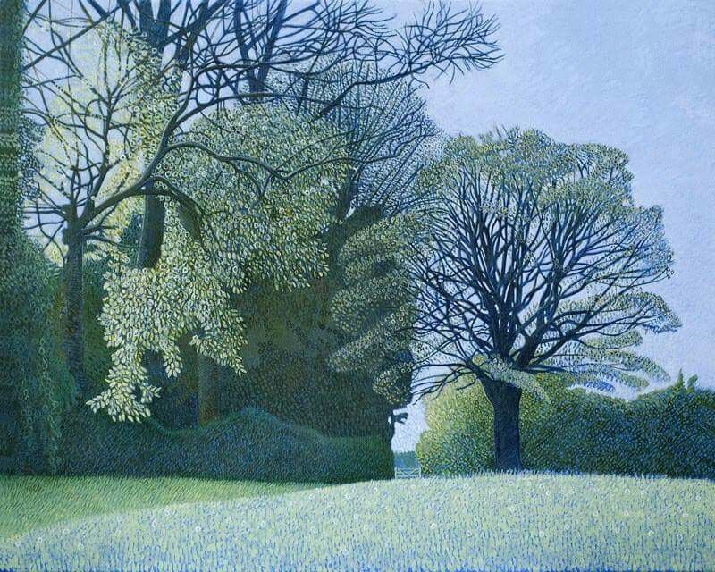Annie Ovenden 
Specialising now in painting trees. 
Magnificent work here 
One of the founders of the Brotherhood of Ruralists in the 1970s with David ( the badminton game) Inshaw and now painting  what she loves most