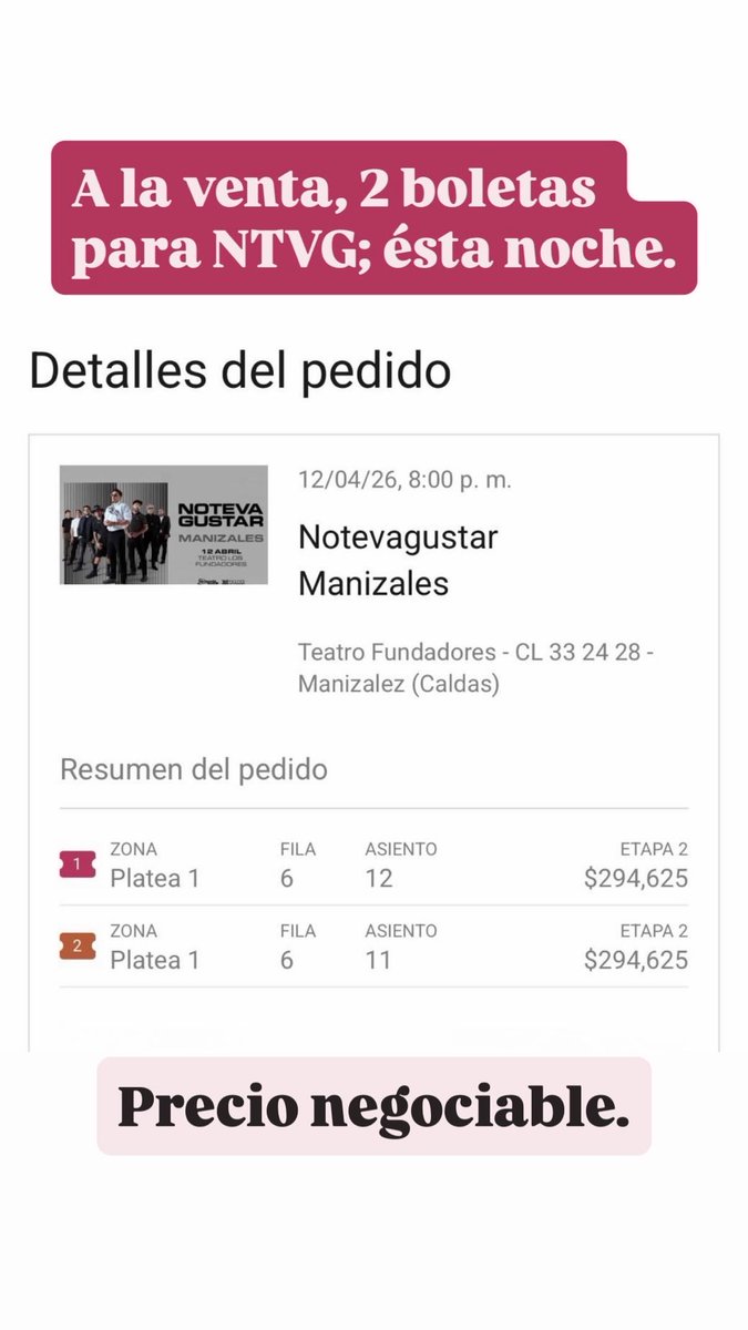 bittterc_'s tweet photo. Holiiiiii, vendo 2 boletas para @ntvgoficial ésta noche en Manizales, muy buena ubicación y con precio negociable. https://t.co/TV9MGACgXZ