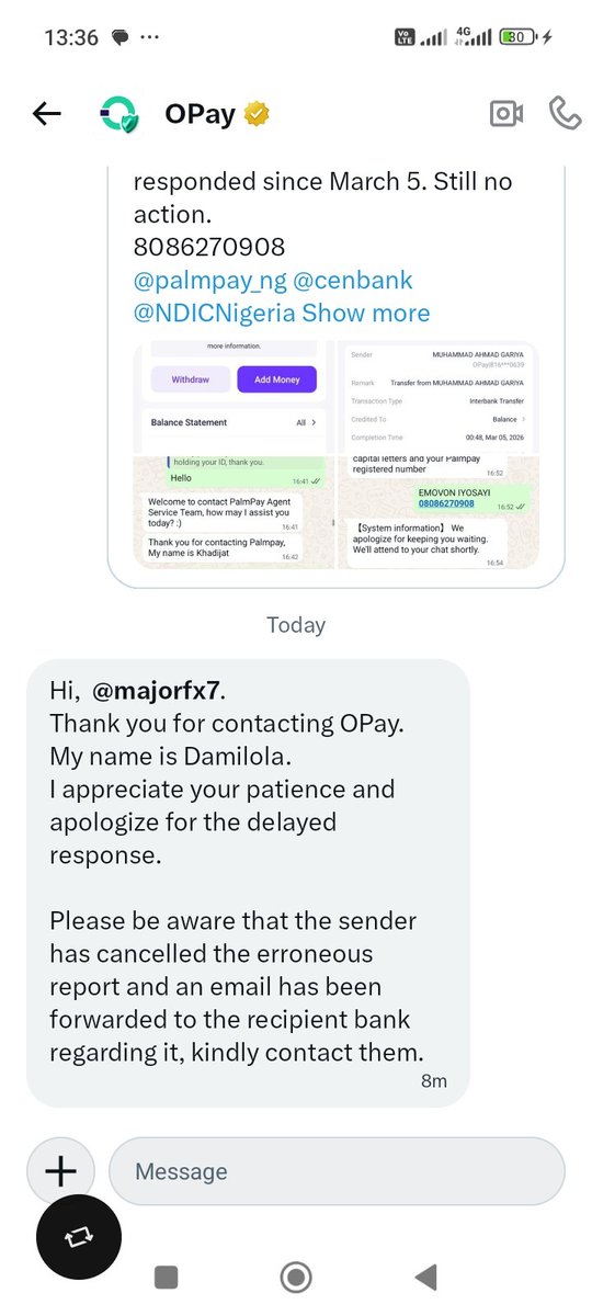 majorfx7's tweet photo. @OPay_NG confirmed the erroneous transaction has been cancelled and an email was sent to @palmpay_ng, yet my ₦150,000 remains frozen after 37+ days. No resolution till now.
Acc 8086270908
@cenbank  @NDICNigeria @SECNigeria @officialEFCC @fccpcnigeria please intervene https://t.co/6uimjDgf2W