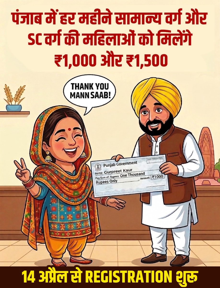 पंजाब में इंतज़ार ख़त्म, रजिस्ट्रेशन शुरू।
सामान्य वर्ग औऱ SC वर्ग की महिलाओं को ₹1000-₹1500/ माह