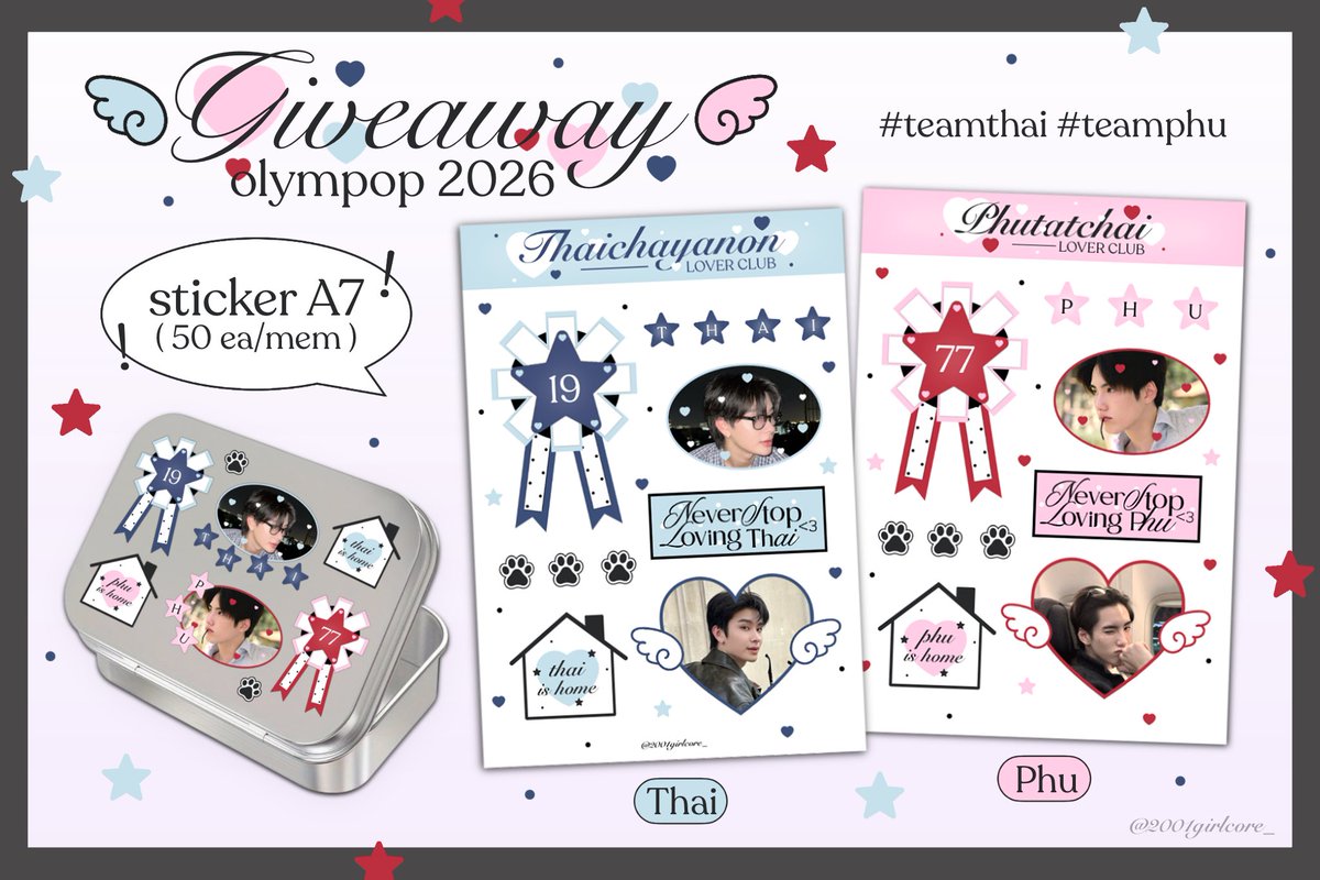 ﾟﾟ･｡･ﾟﾟ｡
ﾟ。giveaway olympop 2026 
　ﾟ･｡･ﾟ # team ตี๋โต๋ย ♡ 

★ Sticker A7 - #PHUTATCHAI , #THAIchayanon only 50 ea / member 

★ 9 may 2026 , @ qsncc 

* follow phu or thai on ig  
then show this tweet to me 🪽

#PEPSIpresentsOLYMPOP2 
#OLYMPOP2026