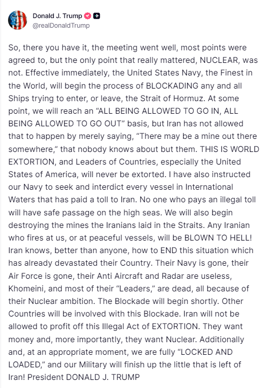Archer83Able's tweet photo. #BREAKING: US President Trump announces the U.S. Navy was ordered to begin the blockade of the Strait of Hormuz immediately.

This follows talks with the Iranians in Pakistan during which, according to Trump, Washington and Tehran failed to reach an agreement on the nuclear issue.

The US president has also instructed the navy to seek and interdict every vessel in international waters that has paid a toll to Iran.