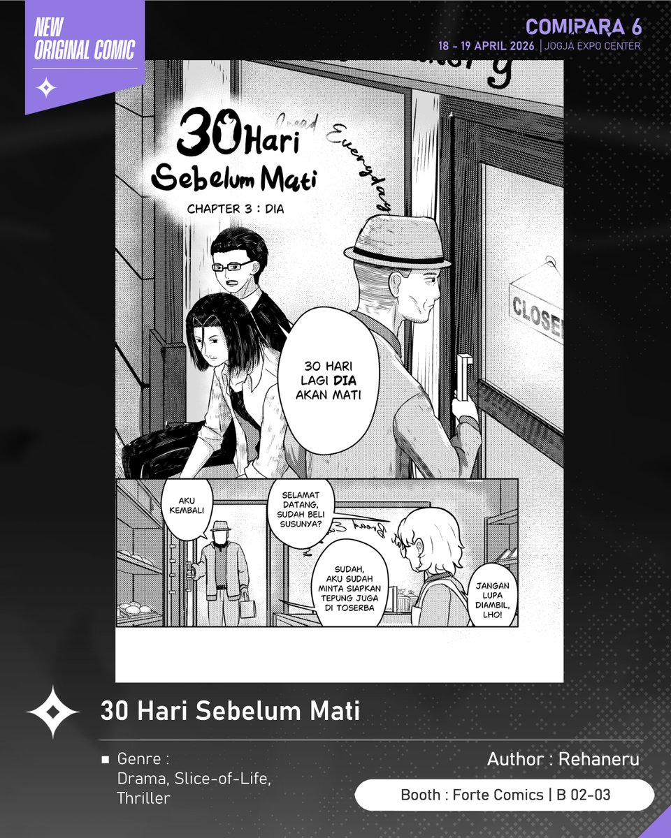 comipara_id's tweet image. [COMIC RAID]
Author: Rehaneru
Booth: B 02-03  -  Forte Comics

Ada juga nih komik baru karya Kak Rehaneru, berjudul "30 Hari Sebelum Mati" yang akan dijual di Comipara 6 besok lho!

Comipara 6
18-19 April 2026
Jogja Expo Center

"Connect your passion!"

#comicraid6