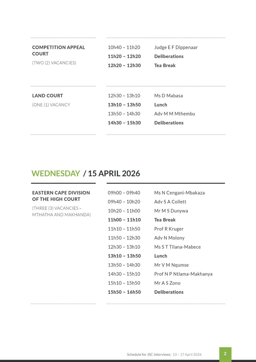 OCJ_RSA's tweet photo. Media Advisory

Schedule for the Judicial Service Commission (JSC) interviews to fill various judicial vacancies in the Superior Courts, taking place from 13 to 17 April 2026.

#JSCInterviews #OCJ_RSA #JudiciaryRSA https://t.co/ZISCWrlK2j