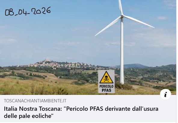 Erinni15's tweet photo. Le #paleeoliche, soggette a erosione continua per effetto di pioggia, vento, etc possano rilasciare nell’ambiente anche #PFAS.
1 singola turbina può arrivare a disperdere decine di kg di particelle all’anno
#energiaEolica #clima #co2 #eolico

https://t.co/wuAQR7xVTe https://t.co/Ka7eDQTyS1
