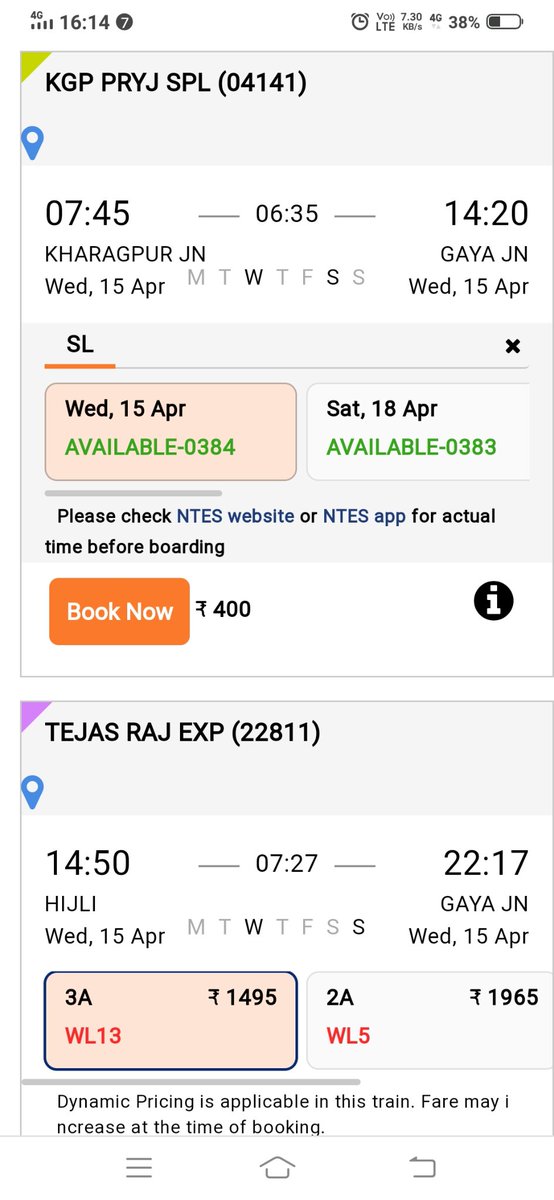 AshuBodhgaya's tweet photo. @drmsbc KGP PRYJ SPL (04141)
07:45 = Kharagpur
06:35 hours (#Faster than Rajdhani)
14:20 = GAYA
Wed 15 Apr - 29 April #Biweekly
SL = Rs 400
AVAILABLE-0384 ✅
PRYJ KGP SPL (04142)
23:00 Gaya
07:00 hours #Fastest
06:00 KHARAGPUR
Tue 14 Apr - 28 April #Biweekly
SL 400
AVAILABLE-0015 ✅ https://t.co/31ZdajoxeZ