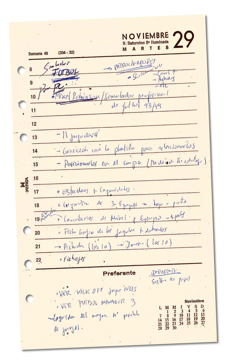 DinamicSoftware's tweet photo. Manuscrito de la agenda personal de Pablo Ruiz, expuesto en el Museo OXO del videojuego, donde el Simulador Profesional de Fútbol se convierte en PC Fútbol. https://t.co/2wdJMC9lLR