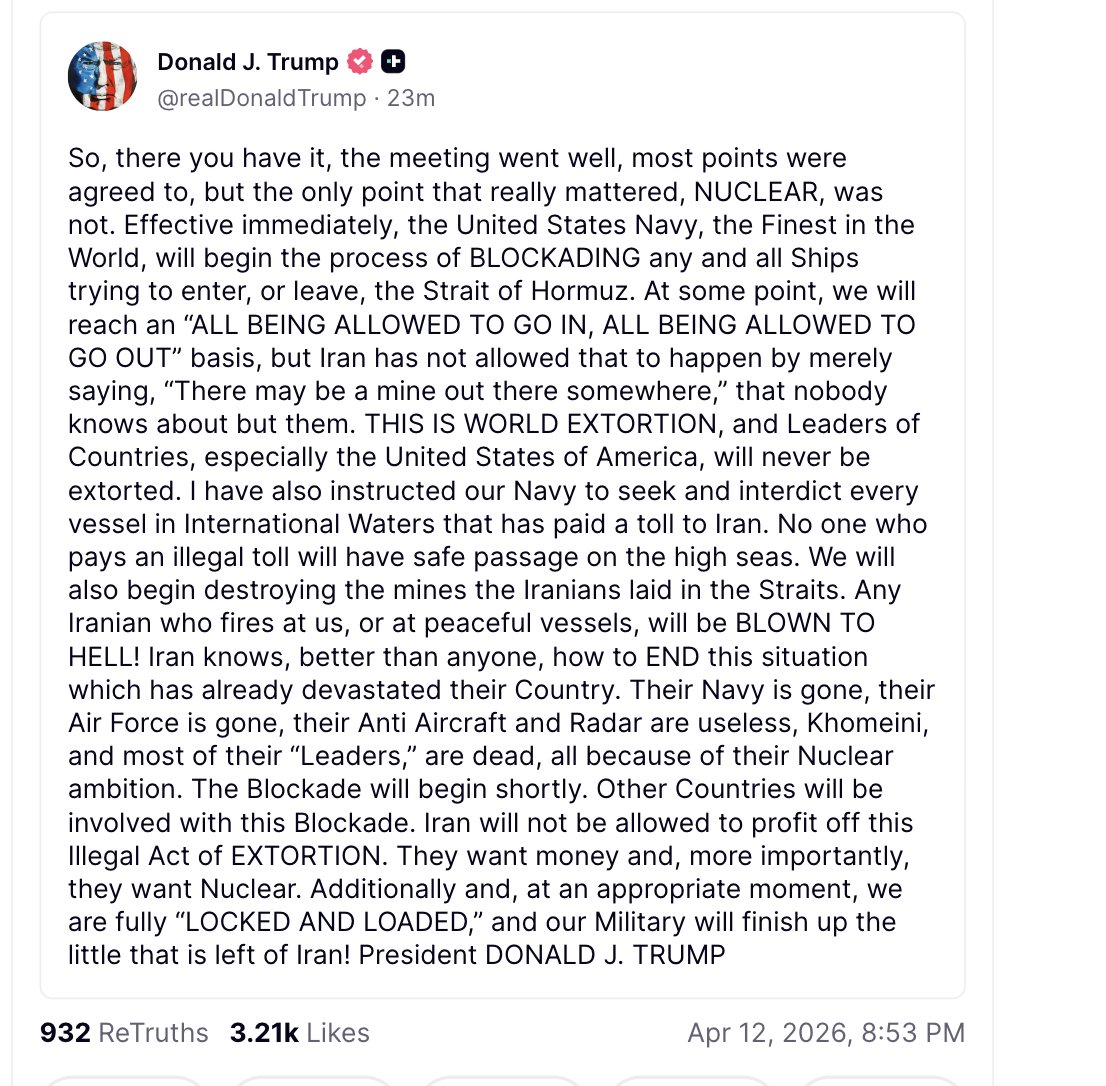 Donald Trump just announced the United States is going to blockade the Strait of Hormuz.