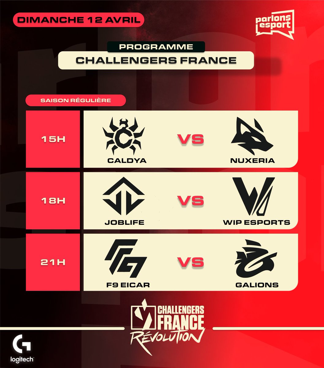 ParlonsValorant's tweet image. 🔴 | VALORANT Challengers France – Segment 2

📅 Dimanche 12 avril

🕒 15h — @CaldyaEsport 🆚 @NuxeriaEsports 
🕕 18h — @JoblifeEsport  🆚 @WIP_EsportsTeam 
🕘 21h — @F9EICAR  🆚 @Galions_ 

📺 En direct sur Twitch : twitch.tv/valorant_fr

#ChallengersFrance #VCL