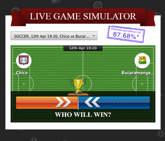 zcodesystempick's tweet image. Who will win? Pick your side!
12th Apr 19:20 EST
Chico at Bucaramanga (SOCCER) #simulator #soccer #soccerbetting #soccertips #soccerpicks #zcodesystem #bettingsports #bettingsystems #bettingexpert #sportsbetting #freebettingtips