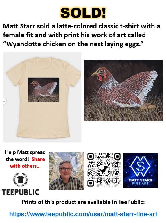 MattStarrFineA1's tweet image. I recently sold a latte-colored classic t-shirt with a female fit and with a print my work of art called “Wyandotte chicken on the nest laying eggs” in my TeePublic art shop.  teepublic.com/t-shirt/827743… 

#mattstarrfineart #Wyandottechicken #chickens #hen #birds #eggs #art