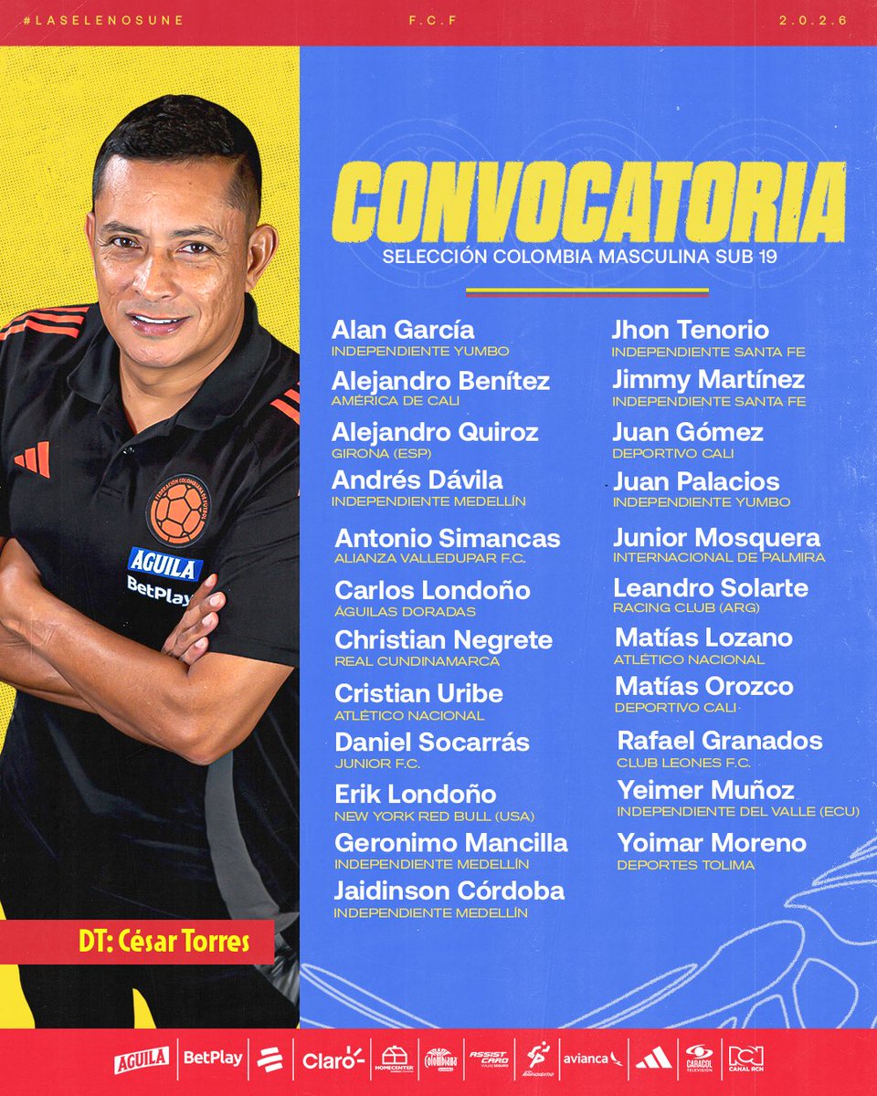 𝗖𝗼𝗻𝘃𝗼𝗰𝗮𝘁𝗼𝗿𝗶𝗮 𝗱𝗲 𝗹𝗮 𝗦𝗲𝗹𝗲𝗰𝗰𝗶𝗼́𝗻 𝗖𝗼𝗹𝗼𝗺𝗯𝗶𝗮 𝗠𝗮𝘀𝗰𝘂𝗹𝗶𝗻𝗮 𝗦𝘂𝗯-𝟭𝟵 𝗽𝗮𝗿𝗮 𝗺𝗶𝗰𝗿𝗼𝗰𝗶𝗰𝗹𝗼 𝗱𝗲 𝘁𝗿𝗮𝗯𝗮𝗷𝗼 – 𝗔𝗯𝗿𝗶𝗹 𝟮𝟬𝟮𝟲. ⚽️✍️

🔗 bit.ly/48wiqBx

#LaSeleNosUne🇨🇴