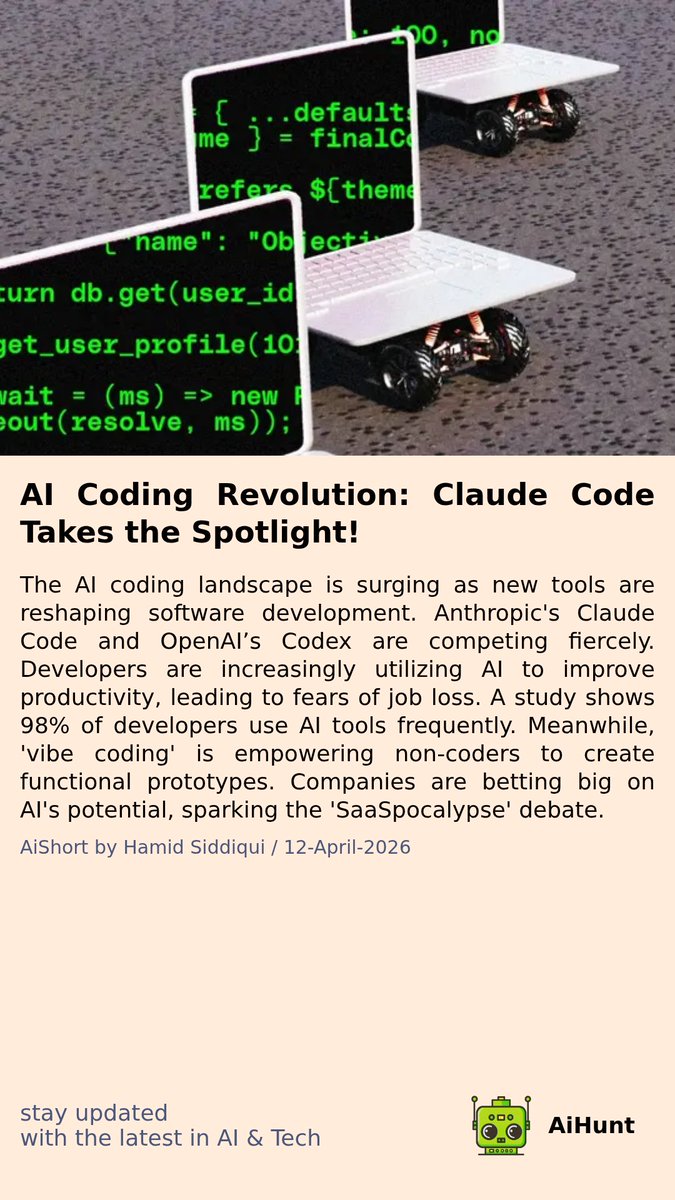 aihuntapp's tweet image. 🚀 The AI coding race is heating up! With tools like Claude Code &amp;amp; Codex shaping the future, are developers at risk? 🤖🔍 Discover how 'vibe coding' is changing the game and what the "SaaSpocalypse" debate is all about! Dive in! #AIFuture #Coding 🔥