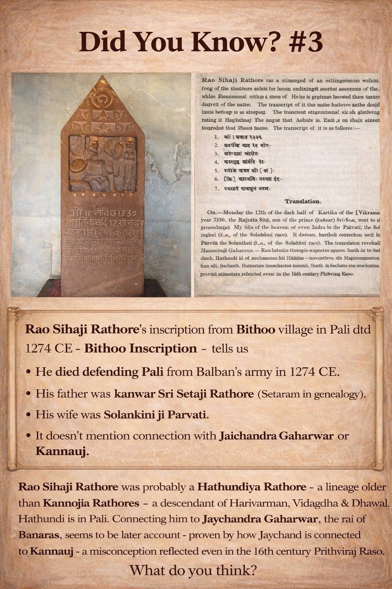 kshatriya_org's tweet photo. Did You Know?

Rao Sihaji Rathore's Bithoo inscription (1274 CE) is the oldest contemporary evidence of his time.
It was found from the Bithoo village in Pali & highlights his martyrdom, his father Sri Setaji Rathore & gives his wife Solankhini ji Parvati's name.

His firm military presence in Pali in the 13th century, highlights he had inherited the region and was a native, implying his affiliation with the Hathundi lineage of Rashtrakuts, which ruled Pali for centuries.

What do you think?