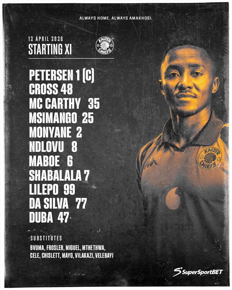 MagebaKT's tweet photo. Betway Premiership: Kaizer Chiefs vs. TS Galaxy FC

Betway Premiership: Kaizer Chiefs vs. TS Galaxy FC

Starting 11: Petersen ©, Cross, McCarthy, Msimango, Monyane, Ndlovu, Maboe, Shabalala, Lilepo, Da Silva, Duba 
#betway #kaizerchiefs https://t.co/quMQBwKkE3