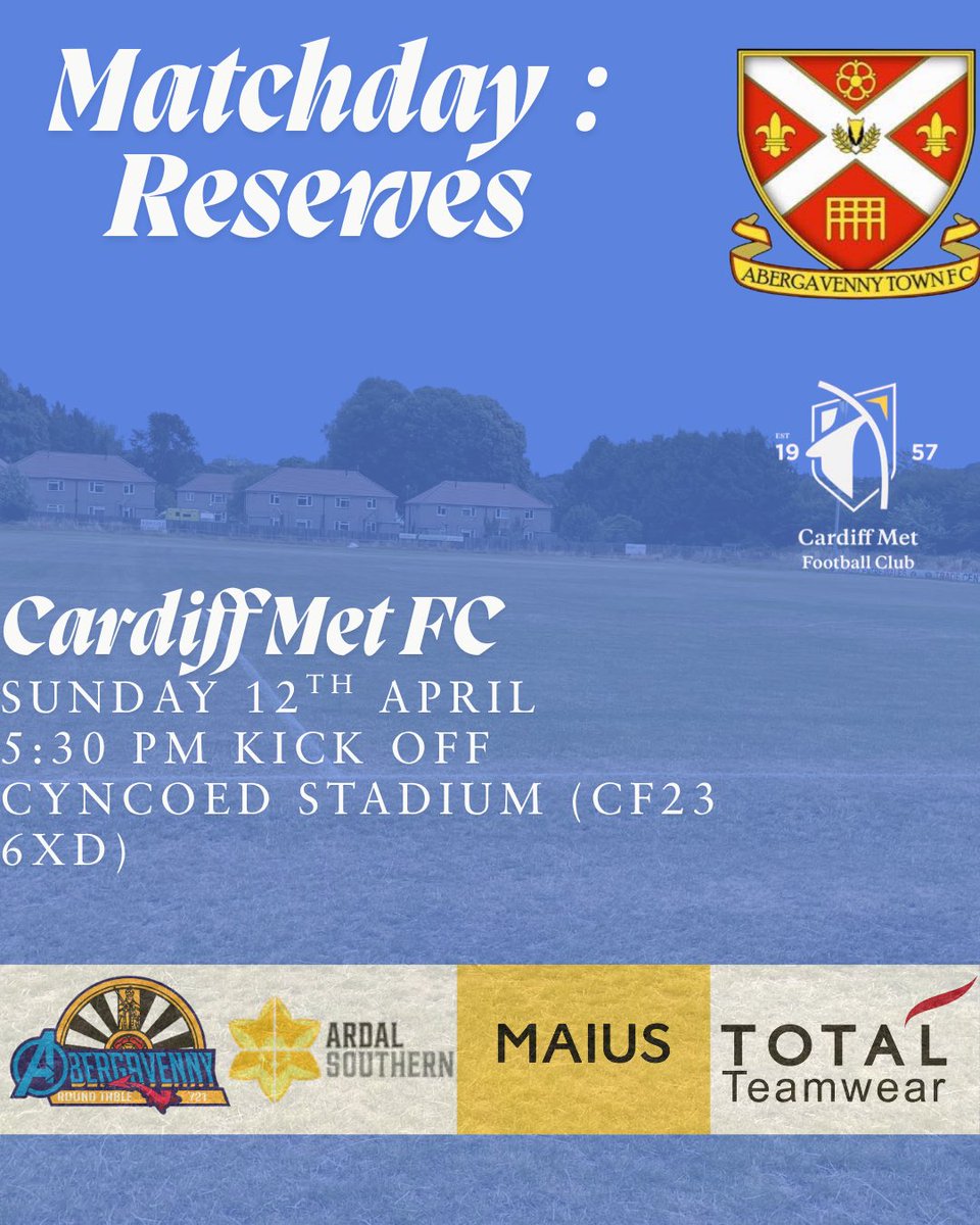 Our reserves are in action this evening, travelling to Cardiff Met for a 5:30 kick off👊⚽️🔵

📆- 12/4/27
🆚- Cardiff Met
⏰- 5:30PM
🏟️- Cyncoed Stadium (CF23 6XD)

#ATFC #UpTheTown #UTT