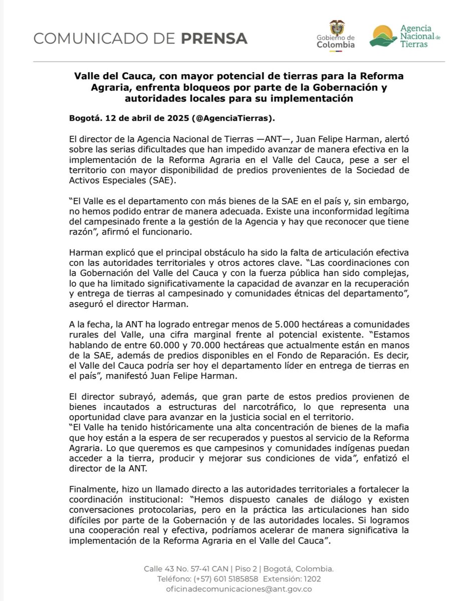 Aunque el Valle del Cauca concentra el mayor número de bienes de <a href="/activosSAE/">Sociedad de Activos Especiales</a> en el país, con más de 70.000 hectáreas, la falta de voluntad política y de articulación con la gobernadora <a href="/DilianFrancisca/">Dilian Francisca T.</a> y las autoridades locales han generado un bloqueo que impide recuperar tierras