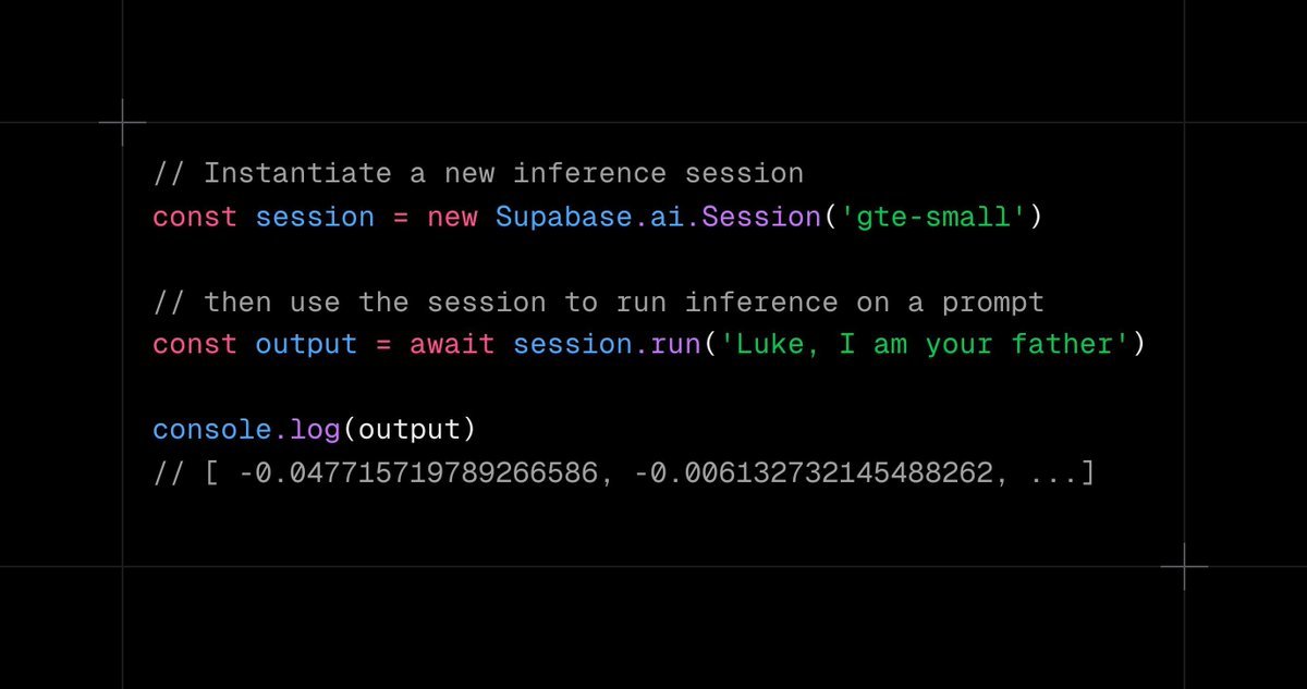 dshukertjr's tweet photo. Supabase allows you to generate embeddings right there within the edge functions using the gte-small model.

No external dependencies, and it is great for quickly getting started with embeddings! https://t.co/yKJjmeuUbJ