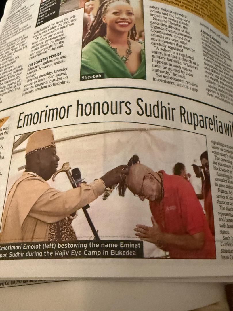 Dr. Sudhir Ruparelia was honored with a prestigious of them all in the recently concluded free eye camp in the Bukedea district. The honor from Emorimor of Teso came after a tremendous job done by The Ruparelia Foundation for providing and helping those in need in the region.