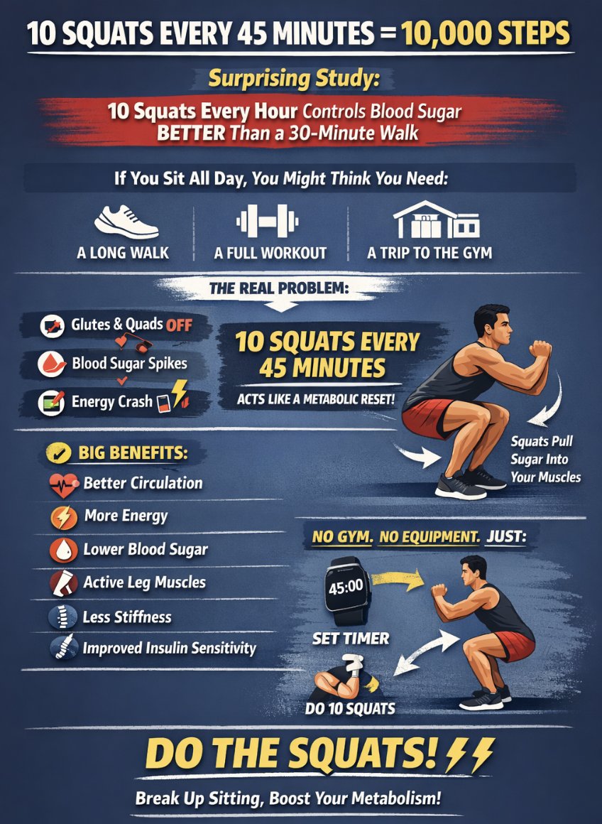 Longevity_EDU's tweet image. 10 squats every 45 minutes = 10,000 steps

A new study found that 10 squats every hour can control blood sugar BETTER than a full 30-minute walk.

Most people assume the solution to sitting all day requires hours of exercise...
  
But this study flips that idea (here's how):👇👇
