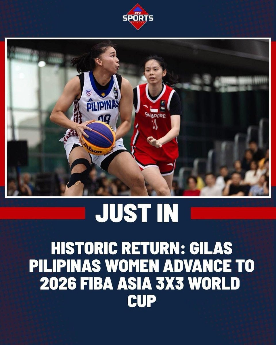 __PTVSports's tweet photo. GILAS WOMEN, PASOK NA SA FIBA 3x3 WORLD CUP! 🔥🏀

Tinambakan ng Gilas Pilipinas Women ang Singapore, 21–10, sa FIBA 3x3 World Cup Qualifiers upang maselyuhan ang huling tiket papuntang 2026 World Cup sa Warsaw, Poland. 

📸 FIBA Media 

#GilasPilipinasWomen
#2026WorldCup3x3 https://t.co/VFAjR9i79F