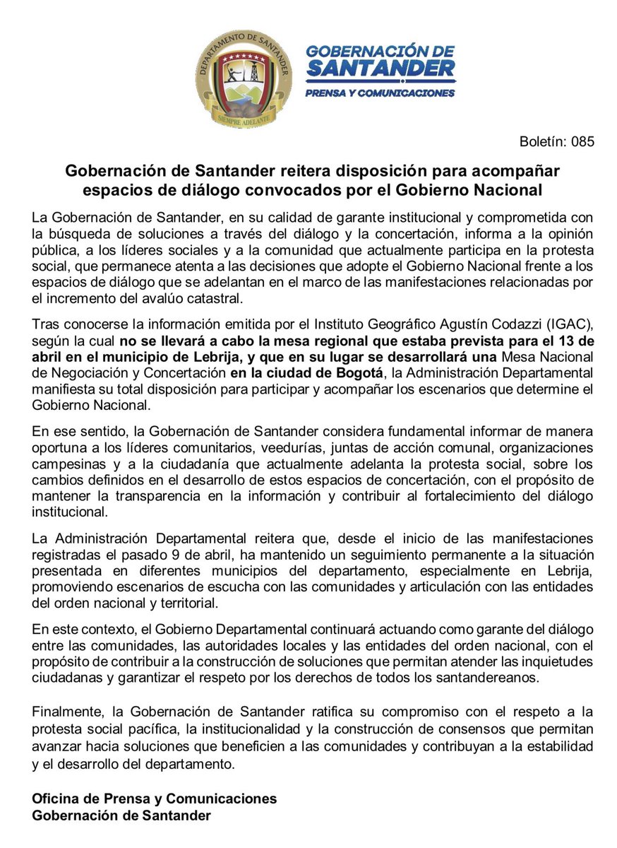 CaracolBga's tweet photo. #Atención 📢  | No se realizará la mesa regional prevista para el 13 de abril en Lebrija.

👉 En su lugar, habrá una Mesa Nacional de Negociación en Bogotá, en medio de los bloqueos por el avalúo catastral. La Gobernación confirmó su disposición a participar. https://t.co/LQJyhaWWGu