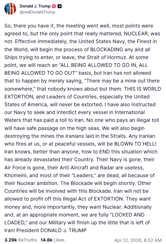 GlobalMktObserv's tweet photo. 🚨BREAKING: President Trump announced a US naval blockade of the Strait of Hormuz, effective immediately.

The US Navy will begin blockading any and all ships trying to enter or leave the Strait, while also starting operations to destroy the sea mines Iran laid in the waterway.

Trump said any vessel that has paid a toll to Iran will be intercepted in international waters, calling Iran's toll system "world extortion."

The core sticking point in the failed Islamabad talks was Iran's refusal to give up its nuclear ambitions, which Trump called the "only point that really mattered."

Trump added that the US military is fully "locked and loaded" and warned that any Iranian who fires at US forces or civilian vessels "will be blown to hell."

Oil and global markets open will be absolutely wild.