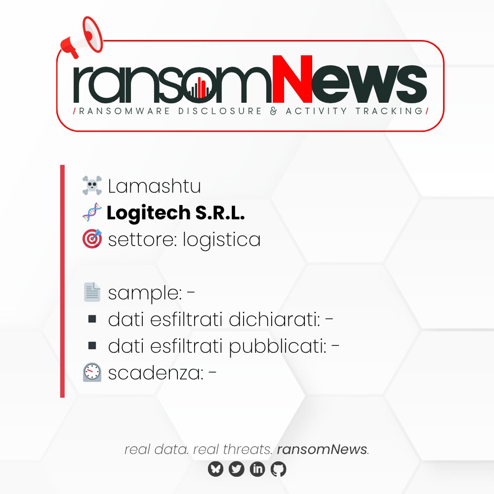 ransomnews's tweet photo. 🚨 nuova rivendicazione #ransomware Italia 🚨
🏴☠️ gruppo #Lamashtu
🧬 Logitech S.R.L. | Milano
🎯 settore: logistica
🔗 https://t.co/sqb78h8EY6
🗓️ 12 aprile 2026
📄 sample: -
▪️ dati esfiltrati dichiarati: -
▪️ dati esfiltrati pubblicati: -
⏲️ scadenza: -
#ransomNews #cyberthreats #cybersecurity