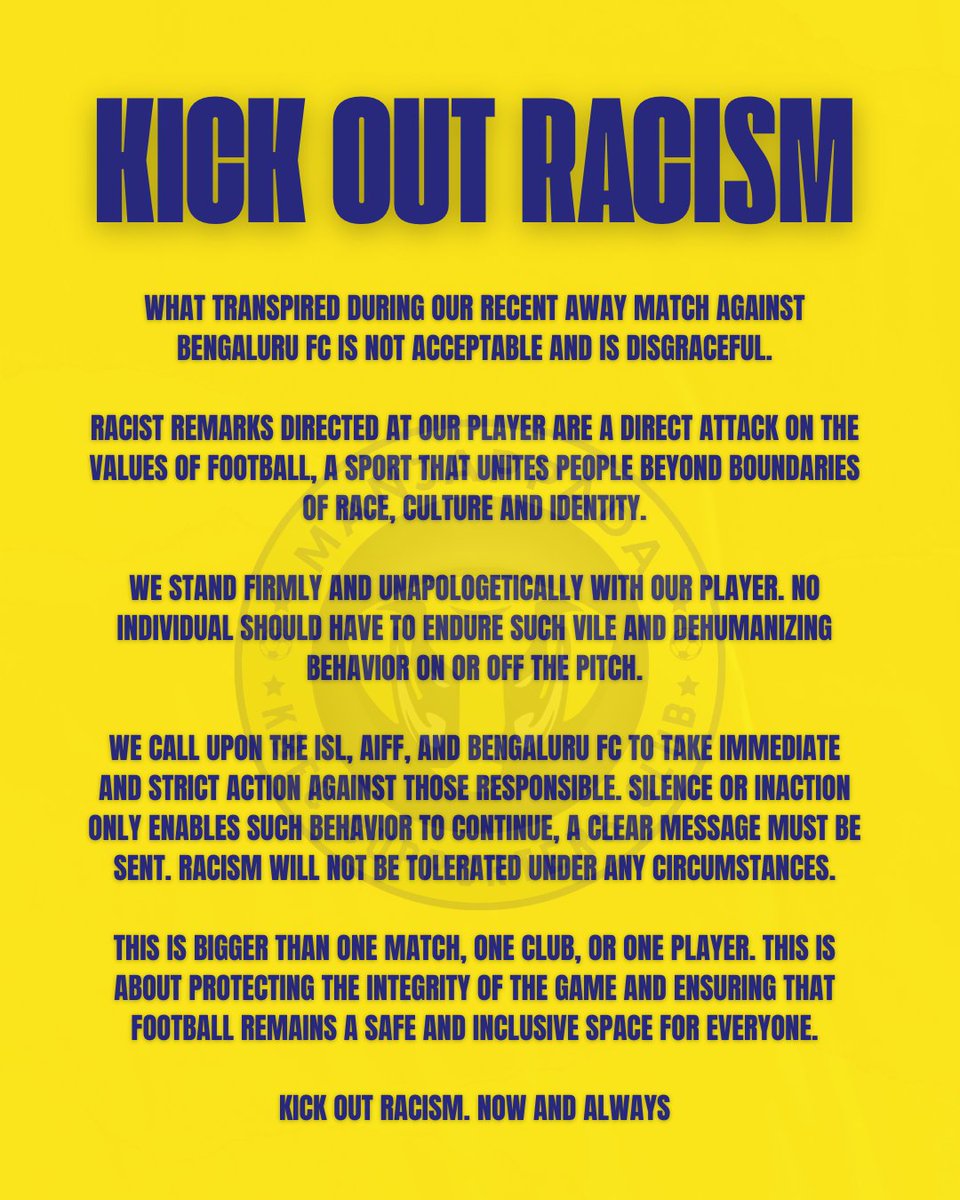 kbfc_manjappada's tweet image. When incidents go unchecked, they repeat.
This is the result.
Act now.

@IndSuperLeague @IndianFootball @bengalurufc

#KickOutRacism

#manjappada #keralablasters
