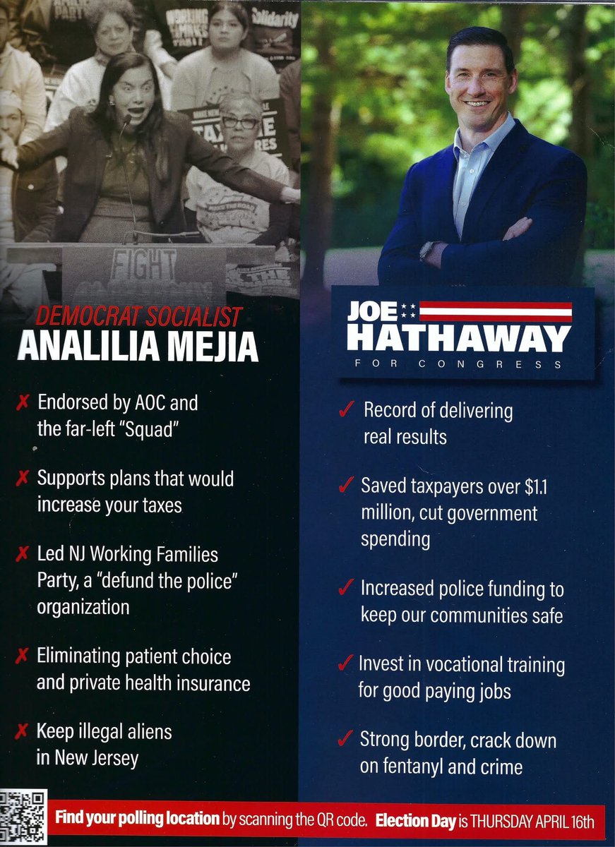 The choice could not be more clear: an antisemite hellbent on normalizing socialism, or a proven leader and workhorse for New Jersey families.

Vote Joe Hathaway on April 16 in CD-11! 🇺🇸🗳️